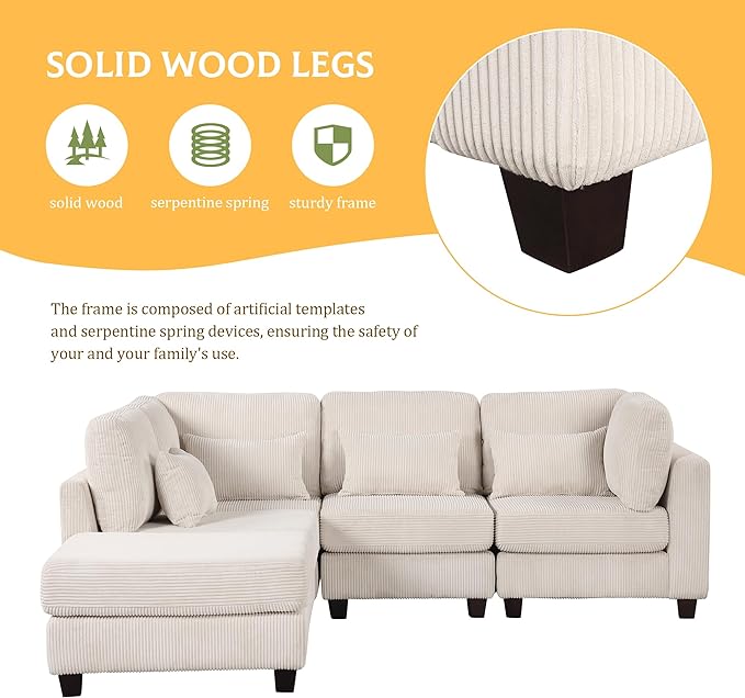 Removable comfortable Pieces Convertible Modular Sectional Movable Ottoman,Large L Shaped Corner Reversible Chaise and Waist Pillows, 5-Seat Oversized Cloud Sofas & Couches, Beige-C - LeafyLoom