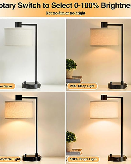 Luvkczc Table Lamp for Bedroom Set of 2 with USB C+A Ports, Fully Stepless Dimmable Bedside Lamp with Linen Lampshade, Contemporary Lamp for Living Room Reading Office, 2 LED Bulbs Included (Black) - LeafyLoom