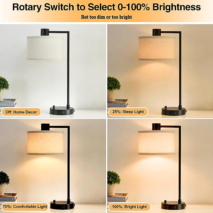 Luvkczc Table Lamp for Bedroom Set of 2 with USB C+A Ports, Fully Stepless Dimmable Bedside Lamp with Linen Lampshade, Contemporary Lamp for Living Room Reading Office, 2 LED Bulbs Included (Black) - LeafyLoom
