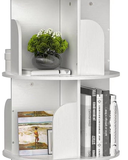 Rotating Bookshelf, Small Bookshelf for Small Space, 360 Display 4 Tier Floor Standing Bookcase Storage Rack, Wood Narrow Book Shelf Organizer for Bedroom, Living Room (White) - LeafyLoom