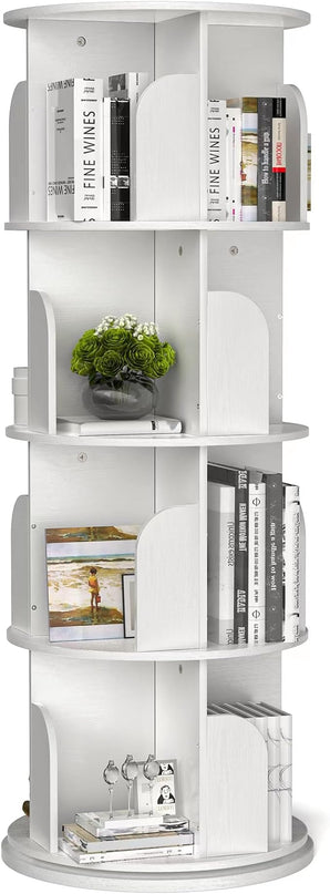 Rotating Bookshelf, Small Bookshelf for Small Space, 360 Display 4 Tier Floor Standing Bookcase Storage Rack, Wood Narrow Book Shelf Organizer for Bedroom, Living Room (White) - LeafyLoom