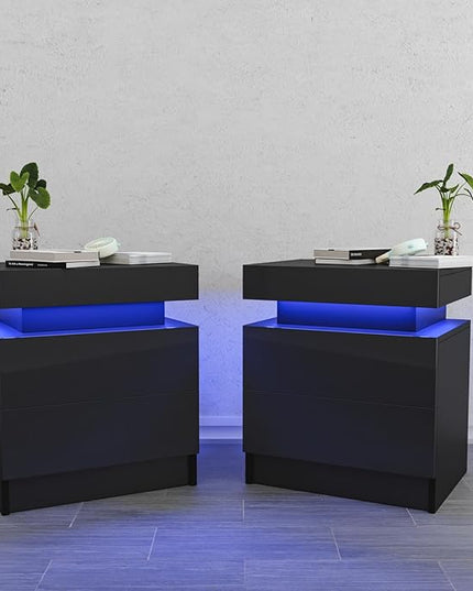 HOMMPA Set of 2 LED Nightstands Black Nightstand with Led Lights Modern Night Stand with 2 High Gloss Drawers Led Bedside Table Smart Nightstand for Bedroom 20.5” Tall - LeafyLoom