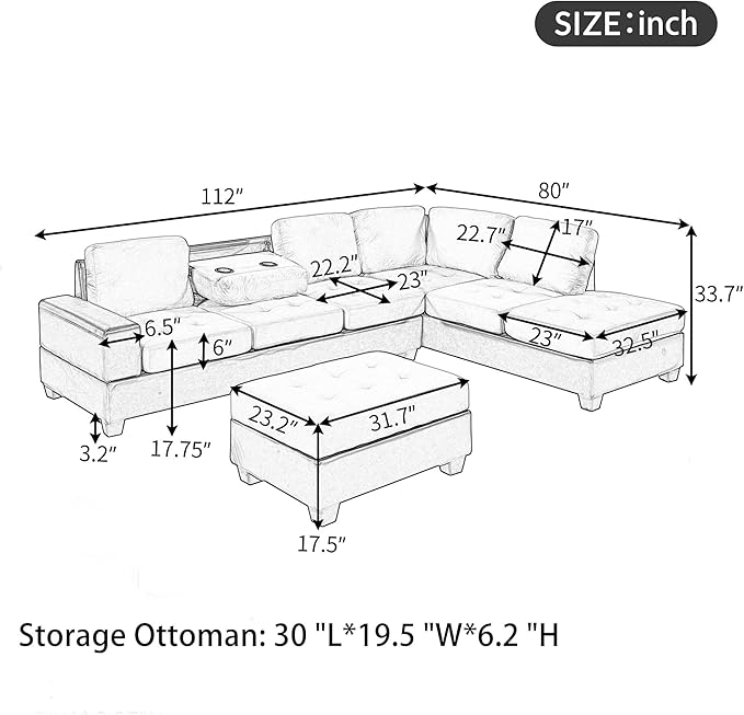 122.1" Modern U-Shape Sectional Sofa with Right Side Chaise & Removable Ottoman, Velvet Upholstered Couch w/ 3 Pillows, for Living Room, Apartment, 112 Inch, Balck - LeafyLoom
