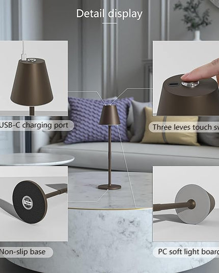 Modern LED Cordless Table Lamp, 4000mAh Rechargeable Battery, 3 Level Brightness Night Light, Metal Shell, Minimalist Design, for Couples Dinner/Coffee Table/Restaurant/Bedroom, Khaki - LeafyLoom