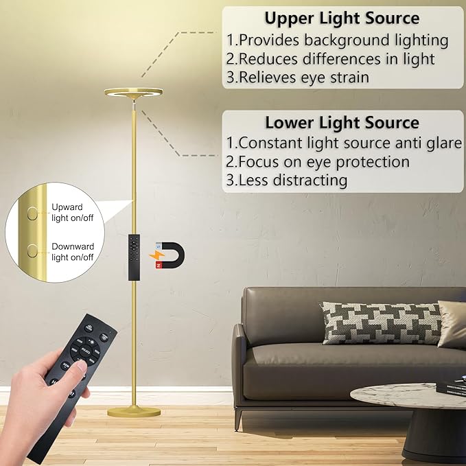 Keepsmile Gold Double Side Lighting LED Floor Lamp with Remote Smart App 36W 2600LM Bright Tall Standing RGB Floor Lamp Angle Multicolor Dimmable Modern Floor Lamps for Living Room Bedroom - LeafyLoom