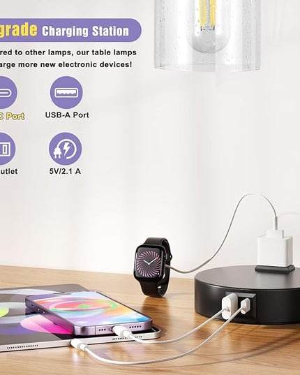 Industrial Touch Table Lamps for Bedrooms Set of 2 - 3-Way Dimmable Lamps with USB C+A Ports and Outlet, Black Bedside Lamps with Seeded Clear Glass Shade for Living Room, Desk Lamps for Home Office - LeafyLoom