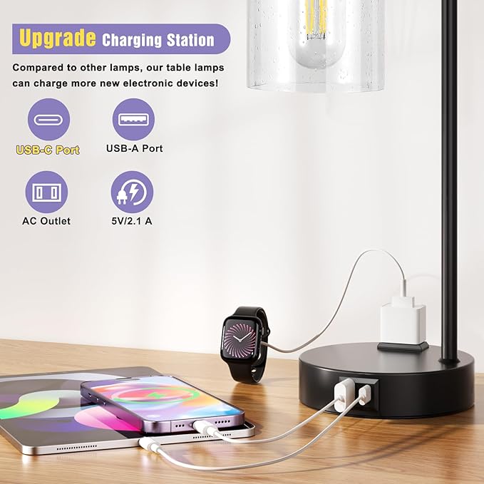 Industrial Touch Table Lamps for Bedrooms Set of 2 - 3-Way Dimmable Lamps with USB C+A Ports and Outlet, Black Bedside Lamps with Seeded Clear Glass Shade for Living Room, Desk Lamps for Home Office - LeafyLoom