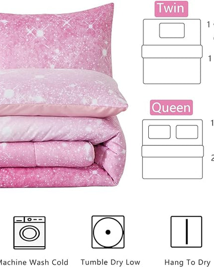 Pink Glitter Comforter Set Full/Queen Size for Girls, Sparkle Galaxy Twinkle Starlight Comforter for Kids Teen,2 Piece Pink Ombre Pastel Bedding Set with 2 Pillow Cases(Pink) - LeafyLoom