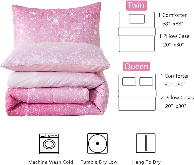 Pink Glitter Comforter Set Full/Queen Size for Girls, Sparkle Galaxy Twinkle Starlight Comforter for Kids Teen,2 Piece Pink Ombre Pastel Bedding Set with 2 Pillow Cases(Pink) - LeafyLoom