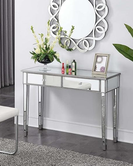 Convenience Concepts Gold Coast Mirrored Desk 42" - Console Table with 2 Drawers for Storage in Living Room, Office, Antique Silver/Mirror - LeafyLoom