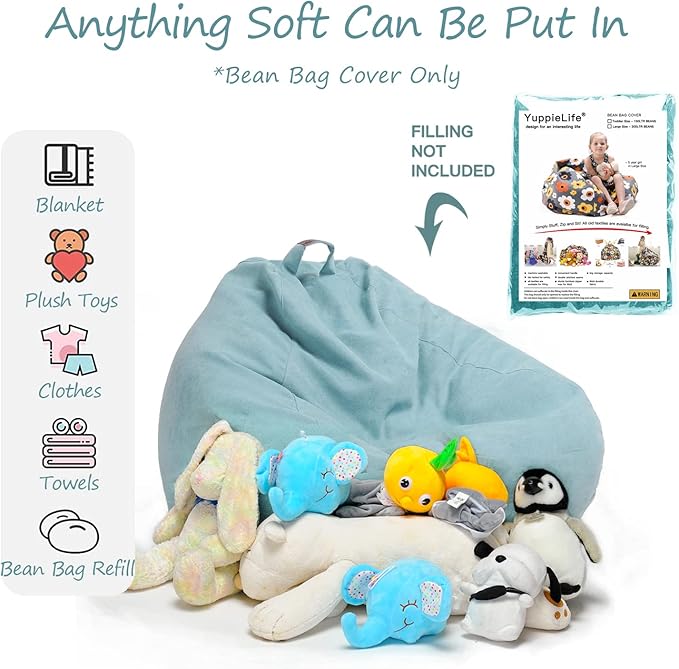 YuppieLife Stuffed Animals Bean Bag Chair Cover Candy-Colored Bean Bag（Just Cover, No filling）/Extra Large Stuff 'n Sit Organization/Toy Storage Bag/Kids Toys Organizer（38'',Mint Green） - LeafyLoom