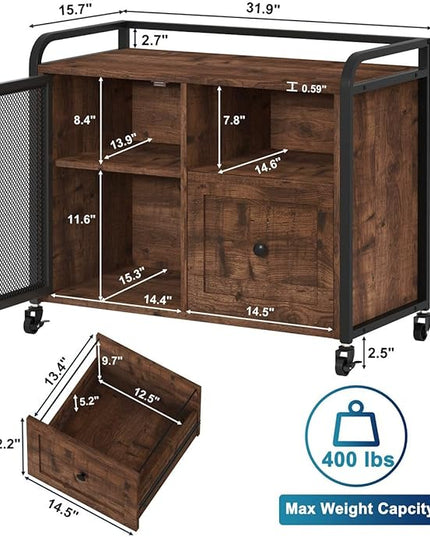 BON AUGURE Filing Cabinet for Home Office, Rolling Lateral File Cabinet with Storage, Wood Metal Printer Stand with Drawer (Rustic Oak) - LeafyLoom