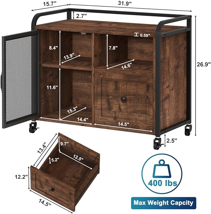 BON AUGURE Filing Cabinet for Home Office, Rolling Lateral File Cabinet with Storage, Wood Metal Printer Stand with Drawer (Rustic Oak) - LeafyLoom