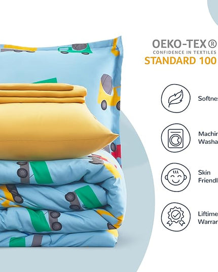 SLEEP ZONE Kids Bedding Comforter Set Full/Queen Size - Super Cute & Soft Kids Bedding 7 Pieces Set with Comforter, Sheet, Pillowcase & Sham (Construction Truck) - LeafyLoom