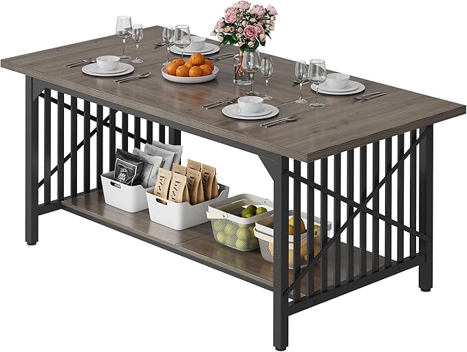 DWVO 70.8" Large Kitchen Dining Table for 6-8 People, Farmhouse Industrial Kitchen Table with Storage, Rectangle Apartment Rustic Dinning Room Dinette Tables for Eating Dinner - LeafyLoom
