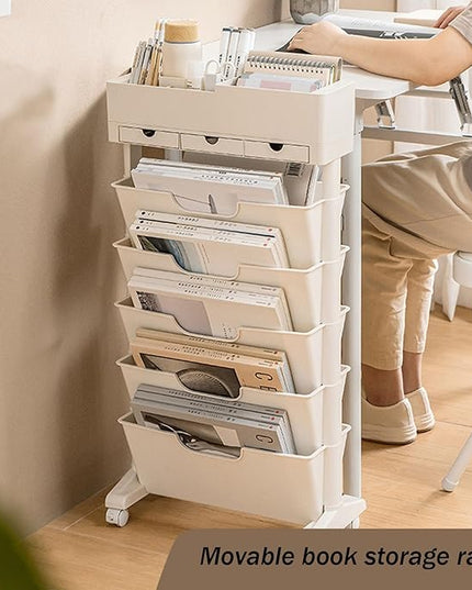6 Tier Rolling Cart,Open Bookcase and Bookshelf,Mobile Bookshelf with Wheels 3 Drawer,Storage Shelving Display Shelves,Narrow Rolling Storage Cart for Living Room, Bedroom, Kitchen (Off white) - LeafyLoom