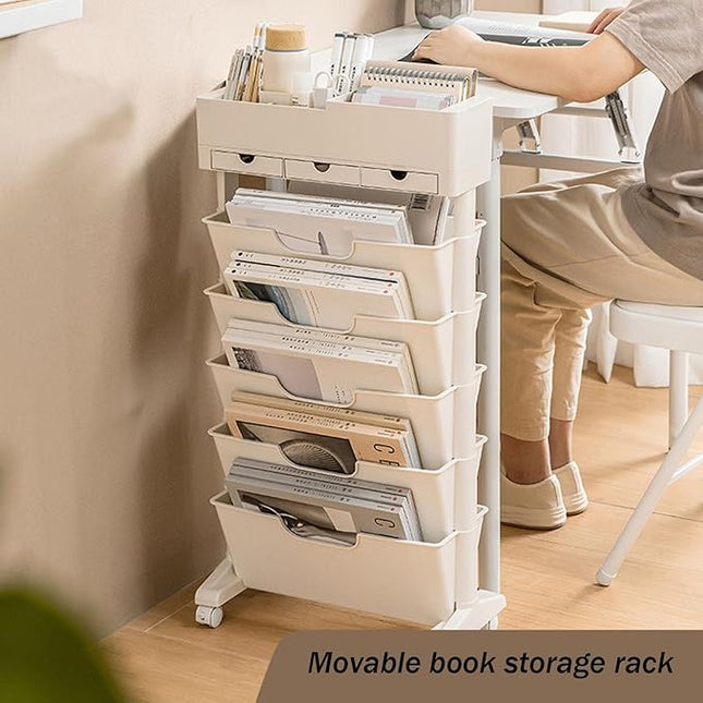 6 Tier Rolling Cart,Open Bookcase and Bookshelf,Mobile Bookshelf with Wheels 3 Drawer,Storage Shelving Display Shelves,Narrow Rolling Storage Cart for Living Room, Bedroom, Kitchen (Off white) - LeafyLoom