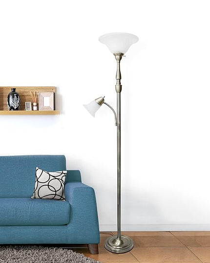 Elegant Designs LF2003-ABS 2 Light Mother Daughter White Marble Glass Floor Lamp, Antique Brass - LeafyLoom