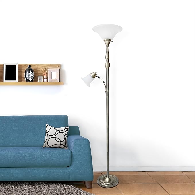 Elegant Designs LF2003-ABS 2 Light Mother Daughter White Marble Glass Floor Lamp, Antique Brass - LeafyLoom