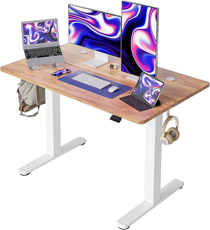 Cubiker 48 x 24 Inch Standing Desk, Stand up Height Adjustable Home Office Electric Table, Sit Stand Desk with Splice Board, White Frame & Light Rustic Brown Desktop - LeafyLoom