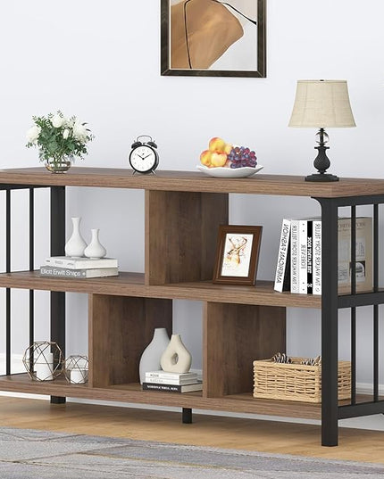 IBF 5 Cube Storage Organizer, Industrial Low Horizontal Bookshelf, Modern Wide Wood and Metal Bookcase with Book Storage, Short Open Cubby Book Shelf for Office Bedroom Living Room, Rustic Oak, 47 in - LeafyLoom