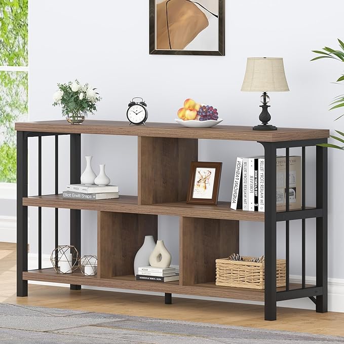 IBF 5 Cube Storage Organizer, Industrial Low Horizontal Bookshelf, Modern Wide Wood and Metal Bookcase with Book Storage, Short Open Cubby Book Shelf for Office Bedroom Living Room, Rustic Oak, 47 in - LeafyLoom