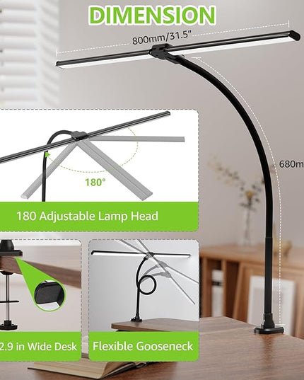 ShineTech LED Desk Lamp for Home Office, 3000K Warm White Double Head Architect Task Lamps with Clamp, Dimmable Adjustable Flexible Gooseneck, Black - LeafyLoom