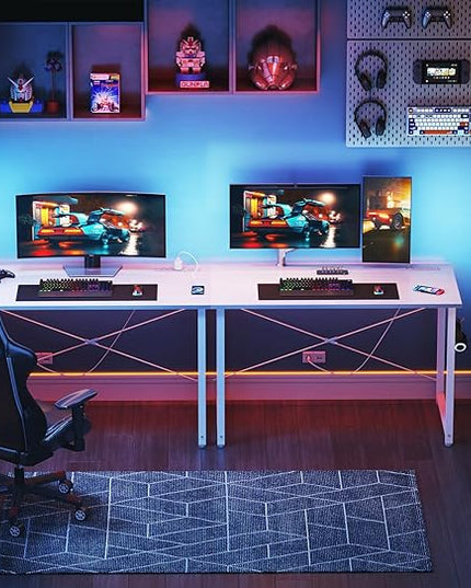 KKL Small Desk with Power Outlets and USB Port Computer Desk for Home Office Gaming Simple Modern Style Writing Desks with Storage Bag Headphone Hook, 40 inch, White - LeafyLoom