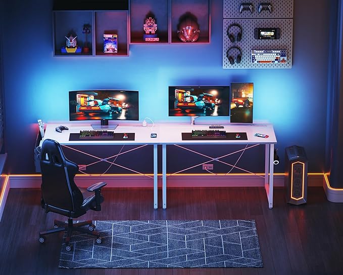 KKL Small Desk with Power Outlets and USB Port Computer Desk for Home Office Gaming Simple Modern Style Writing Desks with Storage Bag Headphone Hook, 40 inch, White - LeafyLoom