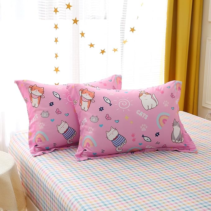 Pink Cats Comforter Set Twin Size for Girls Kids Teens 7 Piece Cute Animal Fish Butterfly Bed in A Bag Cartoon Rainbow Star Sun Heart Bedding Set All Season Lightweight - LeafyLoom