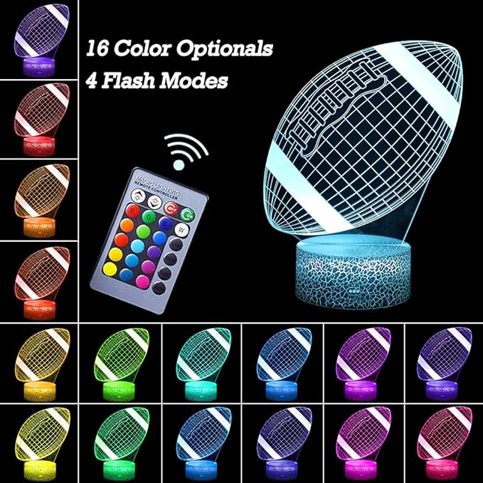 Football Night Light, 3D Illusion Lamp Football Lights for Kids Room, 16 Colors & Flashing Modes with Remote Control Opreated Dimmable Christmas Birthday Gifts for Boys Girls Kids Children Teen - LeafyLoom