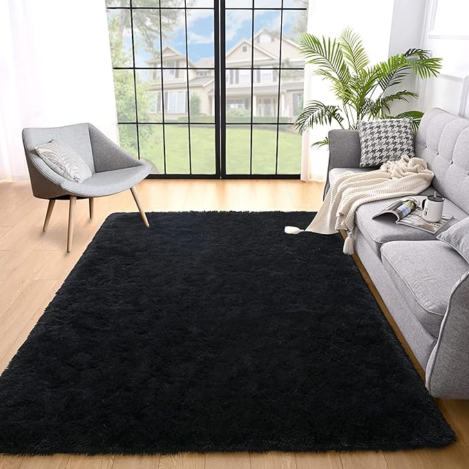 YOBATH Fluffy Shag Area Rug, Black Rugs for Bedroom 4x6 Feet, Plush Shaggy Rug for Living Room, Indoor Modern Bedside Rug for Kids Girls Boys Room, Shag Carpet for Dorm Nursery Room - LeafyLoom