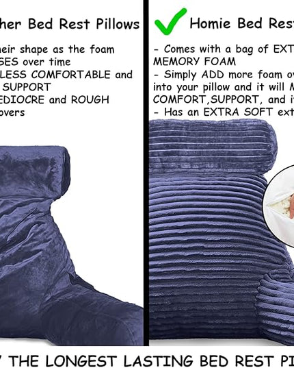 Homie Reading Pillow with Reading Light and Wrist Support, Has Arm Rests, and Back Support for Bed Rest, Lounging, Reading, Working on Laptop, Watching TV (Large, Blue) - LeafyLoom