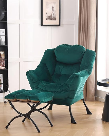 LITA Lazy Chair with Ottoman, Modern Accent Leisure Upholstered Sofa Chair, Contemporary Lounge Reading Chair with Armrests and a Side Pocket for Living Room, Bedroom & Small Space, Dark green - LeafyLoom