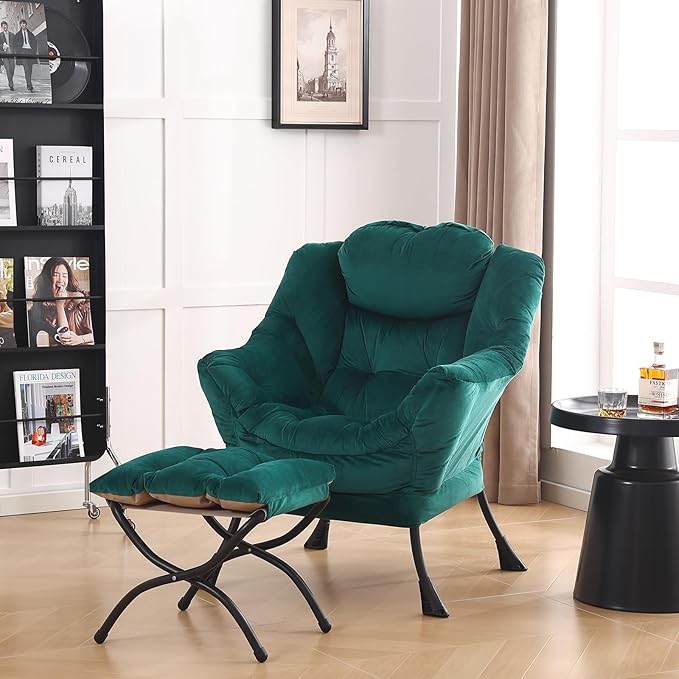 LITA Lazy Chair with Ottoman, Modern Accent Leisure Upholstered Sofa Chair, Contemporary Lounge Reading Chair with Armrests and a Side Pocket for Living Room, Bedroom & Small Space, Dark green - LeafyLoom