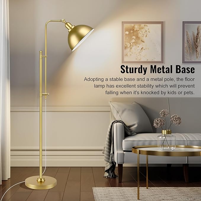 PARTPHONER Industrial Floor Lamp Adjustable, Rustic Farmhouse Reading Lamp in Aged Gold Finish, Modern Standing Lamp with Remote Control Metal Shade for Living Room Bedroom Study Room Office Hotel - LeafyLoom