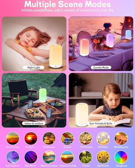 Smart Touch Bedside Table Lamp [Multi-Color & Warm Lights], 3600mA Cordless Small Table Lamp Rechargeable, 7 Colors & Fully Dimmable LED Night Lights for Bedroom Nightstand Nursery Living Room - LeafyLoom