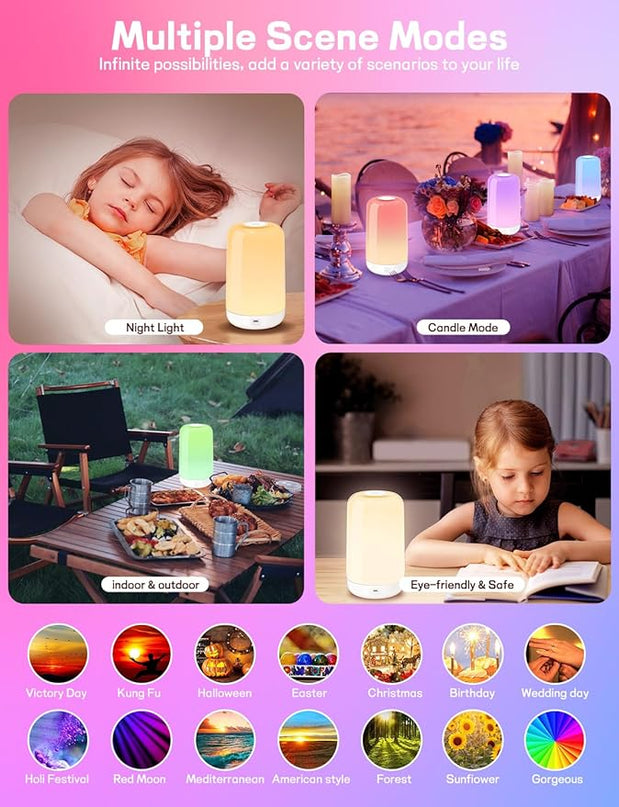 Smart Touch Bedside Table Lamp [Multi-Color & Warm Lights], 3600mA Cordless Small Table Lamp Rechargeable, 7 Colors & Fully Dimmable LED Night Lights for Bedroom Nightstand Nursery Living Room - LeafyLoom