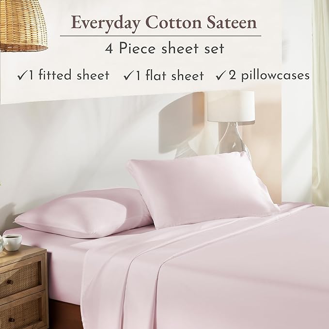 California Design Den Soft 100% Cotton King Sheet Set Pink Bed Sheets with Deep Pocket, 4 Piece Sheet Set with Sateen Weave, Cooling Sheets - Pink - LeafyLoom