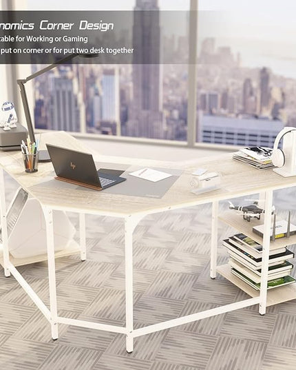 Elephance Large L-Shaped Computer Desk with Shelves, Corner Desk, Home Office Writing Workstation, Gaming Desk PC Latop Table with Storage - LeafyLoom