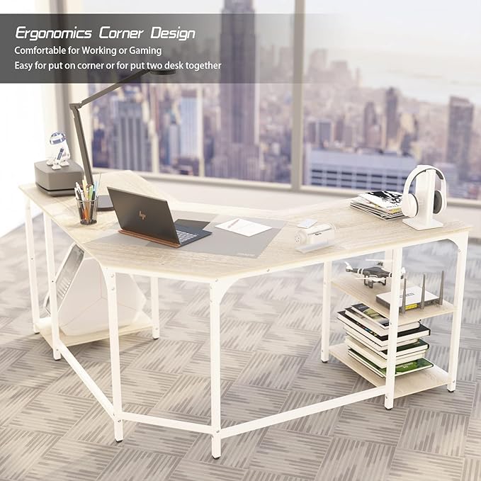Elephance Large L-Shaped Computer Desk with Shelves, Corner Desk, Home Office Writing Workstation, Gaming Desk PC Latop Table with Storage - LeafyLoom
