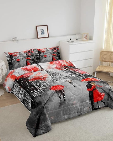 Eiffel Tower Comforter Set Full Size For Girls Women Romantic Paris Street Bedding Sweet Couple Lover Red Flowers Floral Quilted Duvet French Style Down Comforter Chic Paris Cityscape Comforter - LeafyLoom