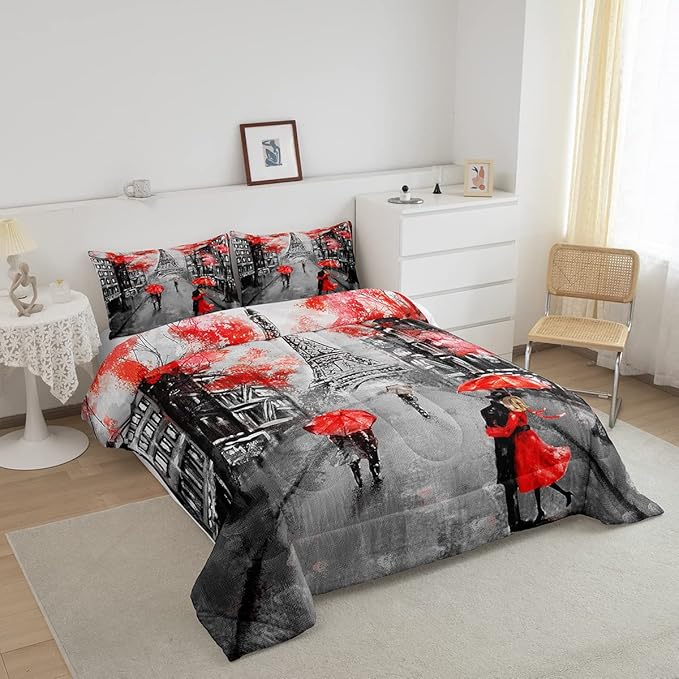 Paris Eiffel Tower Comforter Set For Paris Bedroom Decor, Retro French Citysapce Bedding Set Twin Oil Painting Duvet Set, Paris Gifts For Women Teen Girls, Red Floral, Black Gray, Romantic Quilt Set - LeafyLoom
