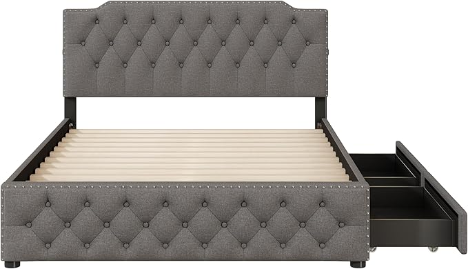 Queen Size Linen Upholstered Platform Bed with 2 Drawers and 2 sets of USB Ports on Each Side,Wood Bed Frame w/Button-Tufted Design Headboard,for Bedroom,Apartment,Gray - LeafyLoom