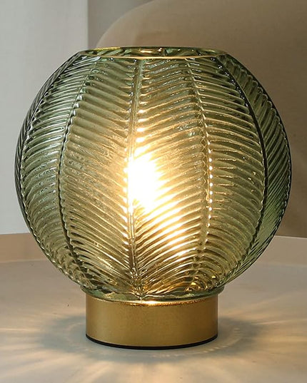 Battery Powered Lamp with Timer, Cordless Battery Operated Table Lamp with LED Bulb, Decorative Small Lamp Glass for Nightstand Bedside Bedroom Living Room-Green - LeafyLoom
