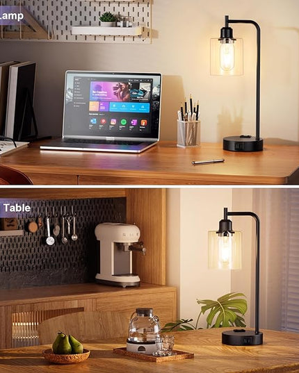 Industrial Touch Table Lamps for Bedrooms Set of 2 - 3-Way Dimmable Nightstand Lamps with USB C+A Ports and Outlet, Black Bedside Lamps with Glass Shade for Living Room, Desk Lamps for Home Office - LeafyLoom