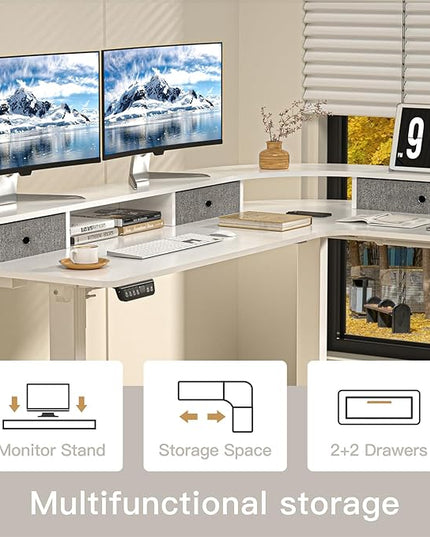 L Shape Standing Desk, 67 * 48 Inches Adjustable Height Standing Desk with 4 Drawers, Corner Electric Standing Desk with Monitor Stand for Home Office, Snow White - LeafyLoom