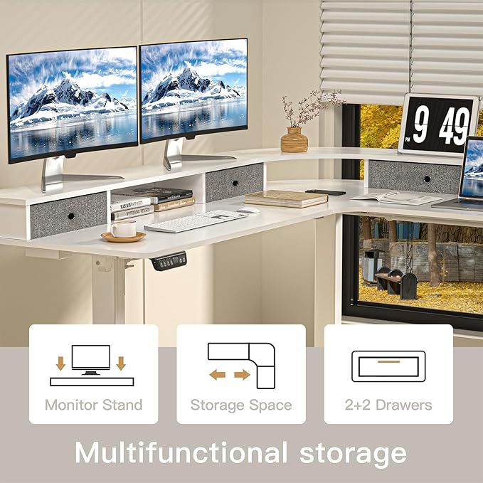 L Shape Standing Desk, 67 * 48 Inches Adjustable Height Standing Desk with 4 Drawers, Corner Electric Standing Desk with Monitor Stand for Home Office, Snow White - LeafyLoom