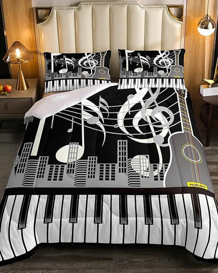 Erosebridal Paino Keys Bedding Set Queen Size Musical Notes Comforter Set Guitar Rock Music Bedding Comforter for Kids Boys Teens Men Retro Black White Grey Down Comforter Bedroom Decor 3 Piece - LeafyLoom