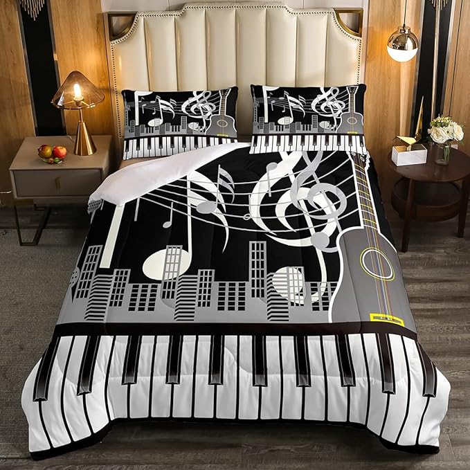 Erosebridal Paino Keys Bedding Set Queen Size Musical Notes Comforter Set Guitar Rock Music Bedding Comforter for Kids Boys Teens Men Retro Black White Grey Down Comforter Bedroom Decor 3 Piece - LeafyLoom